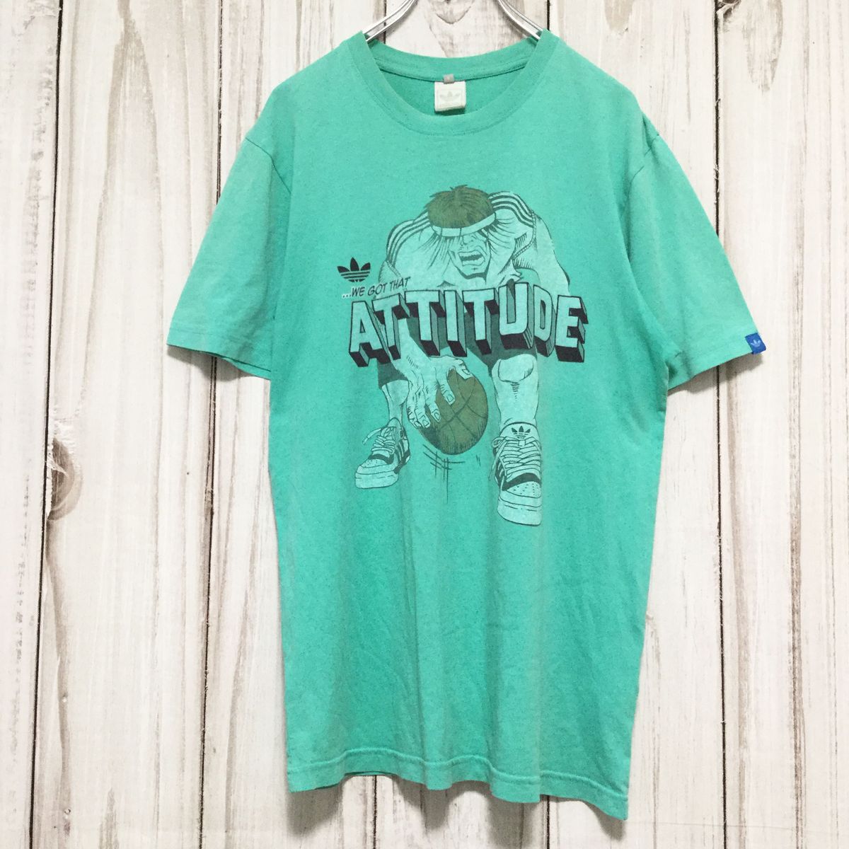 【アディダス 半袖プリントTシャツ】激レア 90s 銀タグ デザインプリント L相当 緑系 adidas 古着