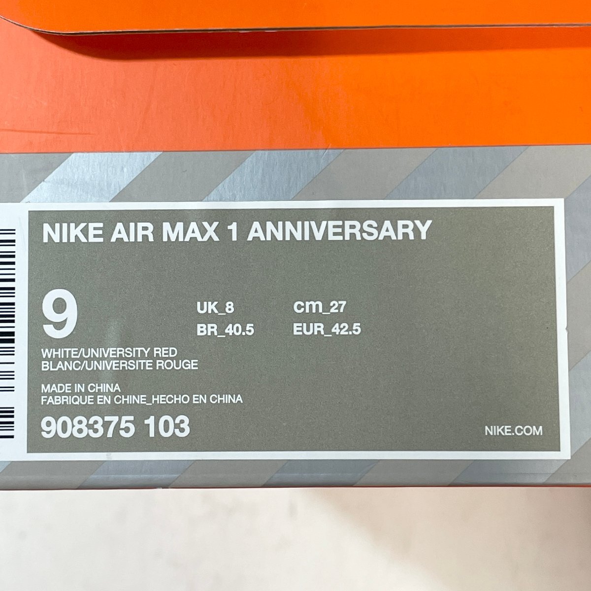 27cm NIKE AIR MAX 1 ANNIVERSARY 908375-103 ナイキ エア マックス 1 アニバーサリー ユニバーシティレッド メンズ スニーカー BU H107921_画像10