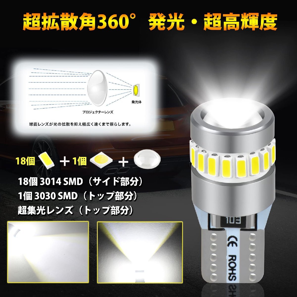 Briteye T10 LED ポジションランプ 爆光 ホワイト 超集光レンズ内蔵 超拡散角360° W5W LED バルブ 汎用 12V 車用 ラ_画像2