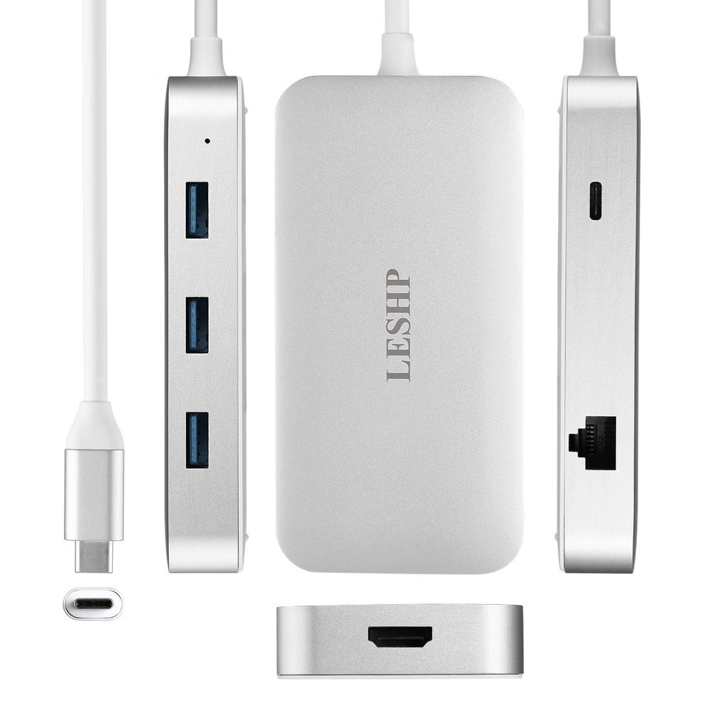 【送料無料】LESHP Type-C USB ハブ Macbook 対応【6in1】超軽量 HDMI 4K USB3.0 LAN 充電可 Macbook2016 Macbook Pro Chromebook 変換ハブ