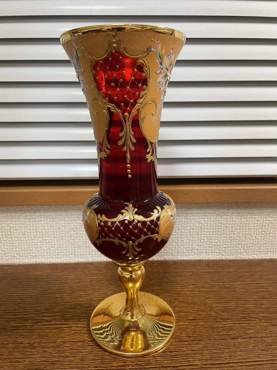 【H0518】ムラノベネチアンガラス 花瓶 花器 置物 インテリア アンティーク フラワーベース コレクション 花入 ゴールドカラー _画像2