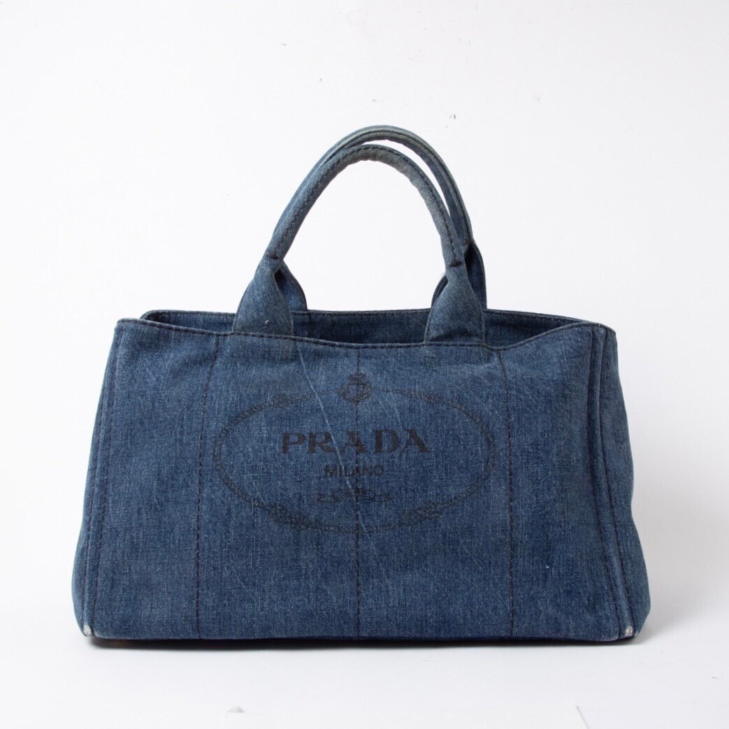 1円スタート★PRADA プラダ カナパ デニム ハンドバッグ トートバッグ レディース ブルー系 ブラック　メンズ J111_画像2