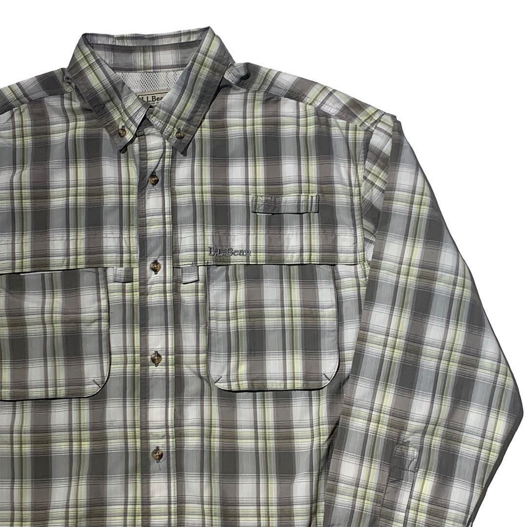 希少 90s ビンテージ L.L.Bean チェック柄 フィッシング ナイロンシャツ エルエルビーン アウトドア 1990年代 Msize