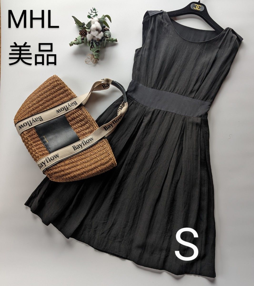 値下げ！【美品】MHL.マーガレットハウエル　リネン麻　ノースリーブワンピース　ブラック　フォーマル　Sサイズ　 ミモレ丈　春夏