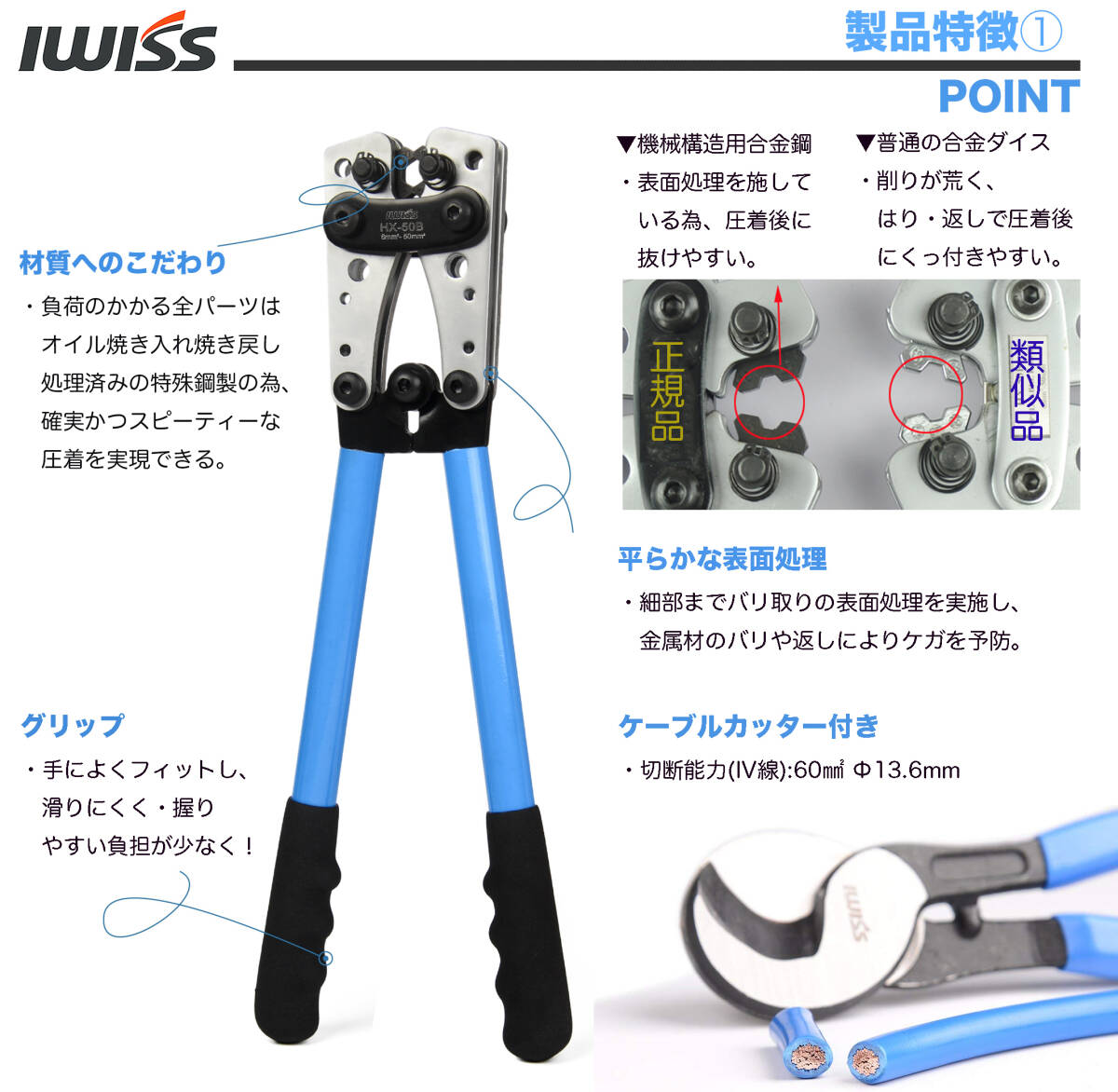 ☆正規品☆ アイウィス(IWISS) 裸圧着スリーブ バッテリーターミナル 圧着工具 ケーブルハンディカッター付き 5.5-60sq対応 HX-50BI_画像2