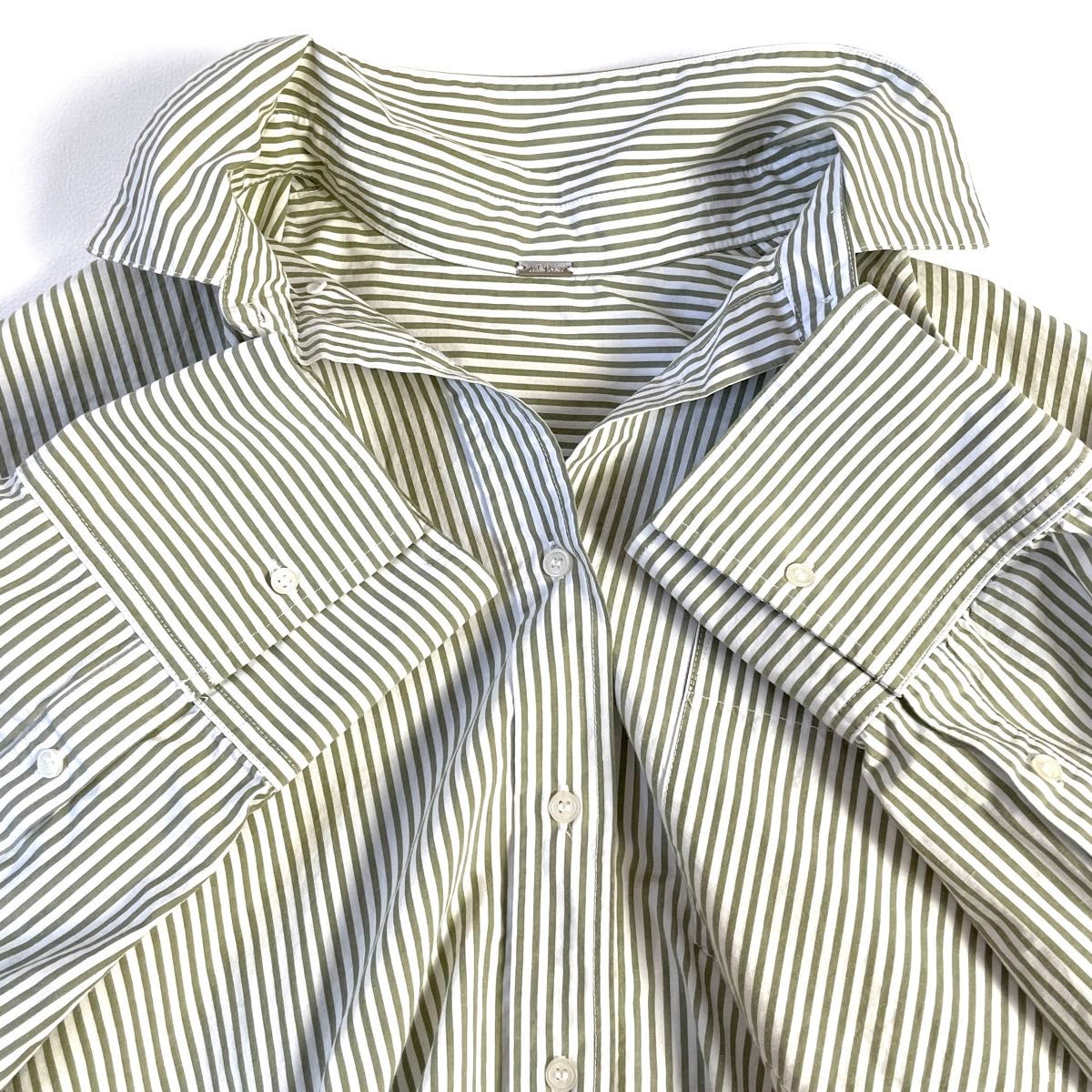 極美品◇ミラオーウェン　コットン ストライプシャツ / フリーサイズ　綿100%　洗える　長袖　グリーン　刺繍ロゴ
