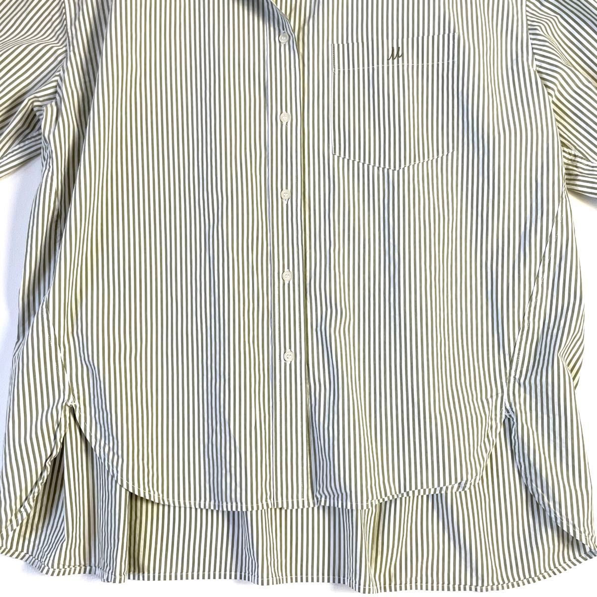 極美品◇ミラオーウェン　コットン ストライプシャツ / フリーサイズ　綿100%　洗える　長袖　グリーン　刺繍ロゴ