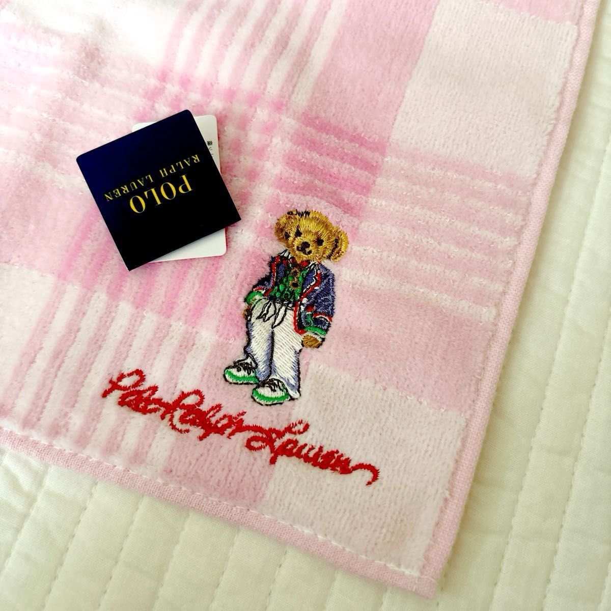 ポロラルフローレン　ポロベア刺繍　タオルハンカチ　ピンク