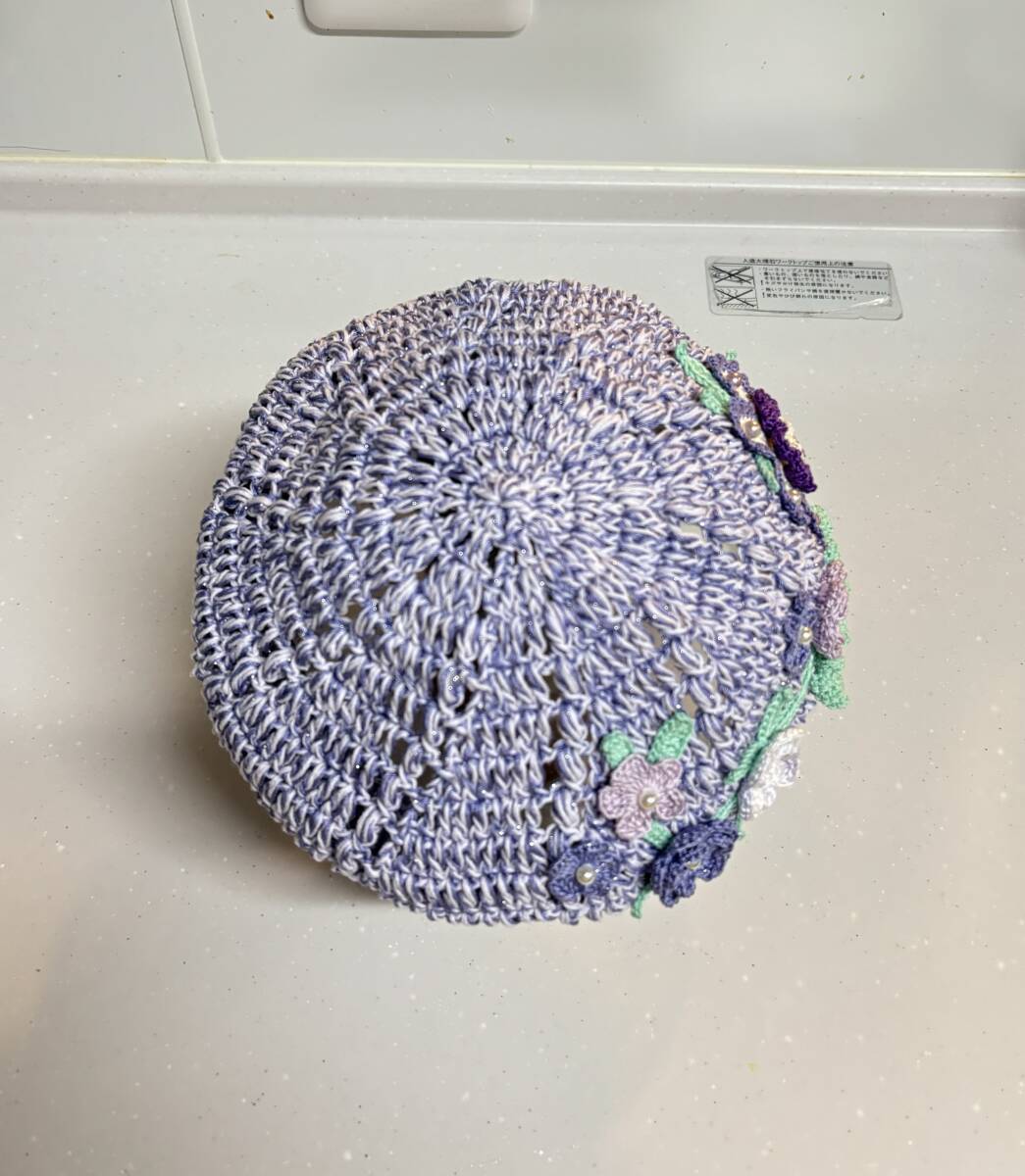 新作　綿100%ラベンダー色　手編みベレー帽