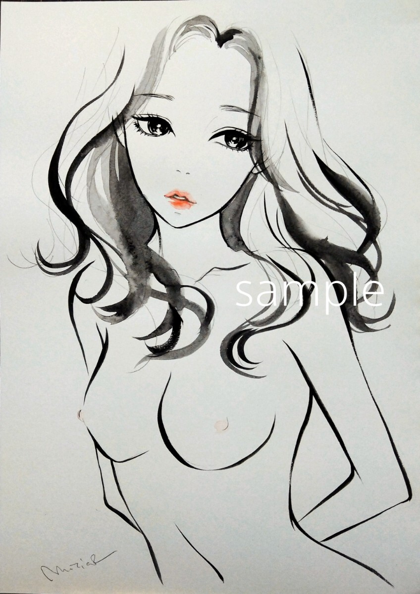 肉筆原画　ドローイング　ヌード　美人画　絵画　手描きイラスト　A4　水彩画　@mucica_画像1