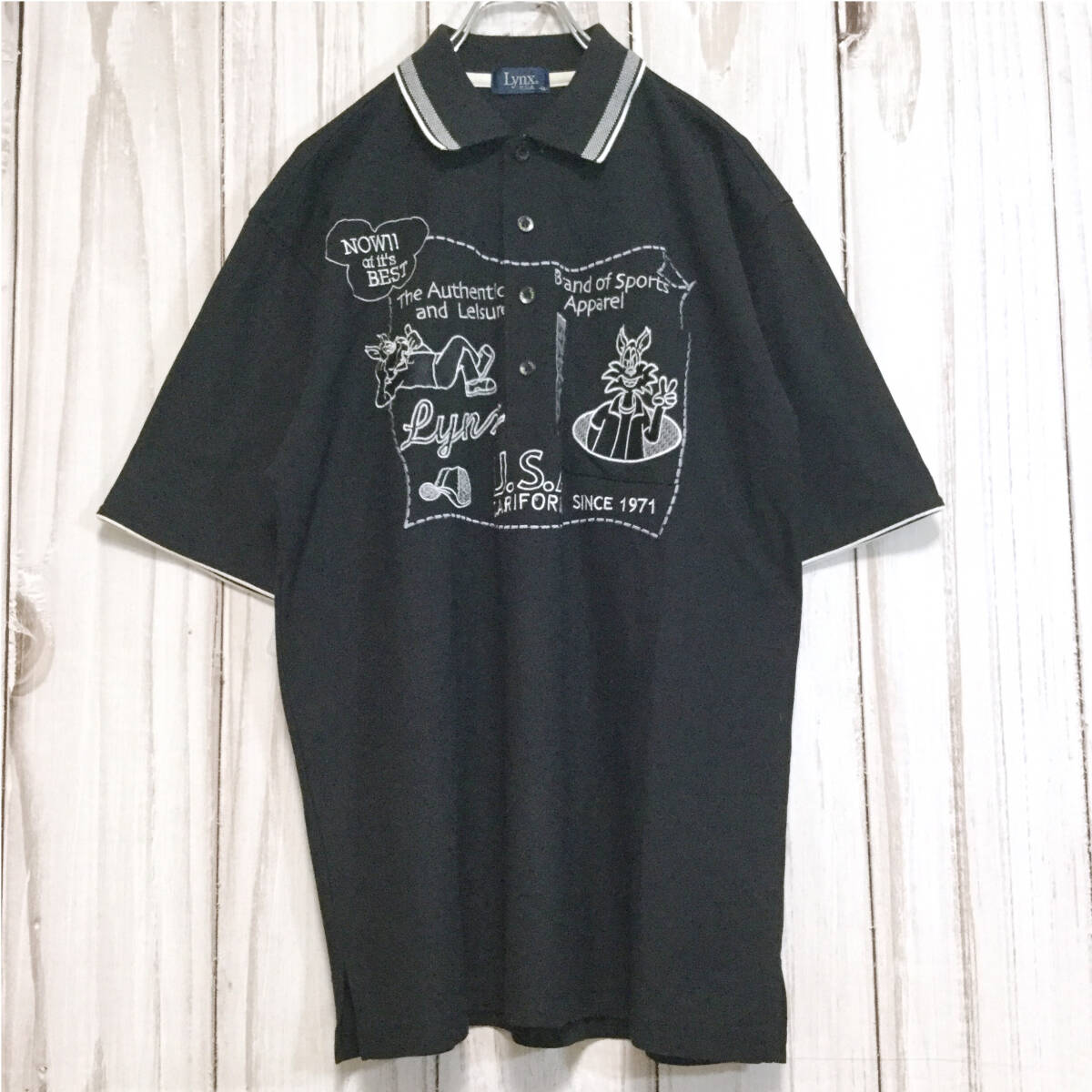 【キャラクター刺繍 半袖ポロシャツ】ビッグサイズ 襟袖ライン XL 黒 古著 [230521-001]