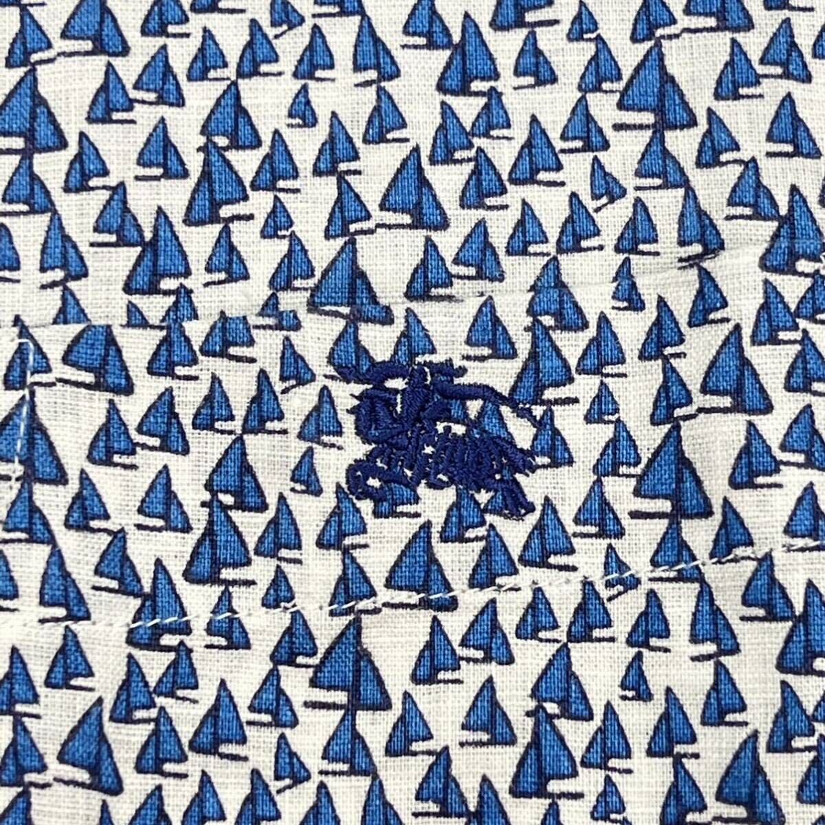 美品★バーバリーブラックレーベル リネン100% 半袖シャツ BURBERRY BLACK LABEL ホース刺繍 ヨット 総柄 ロゴボタン ホリゾンタル ブルーの画像2