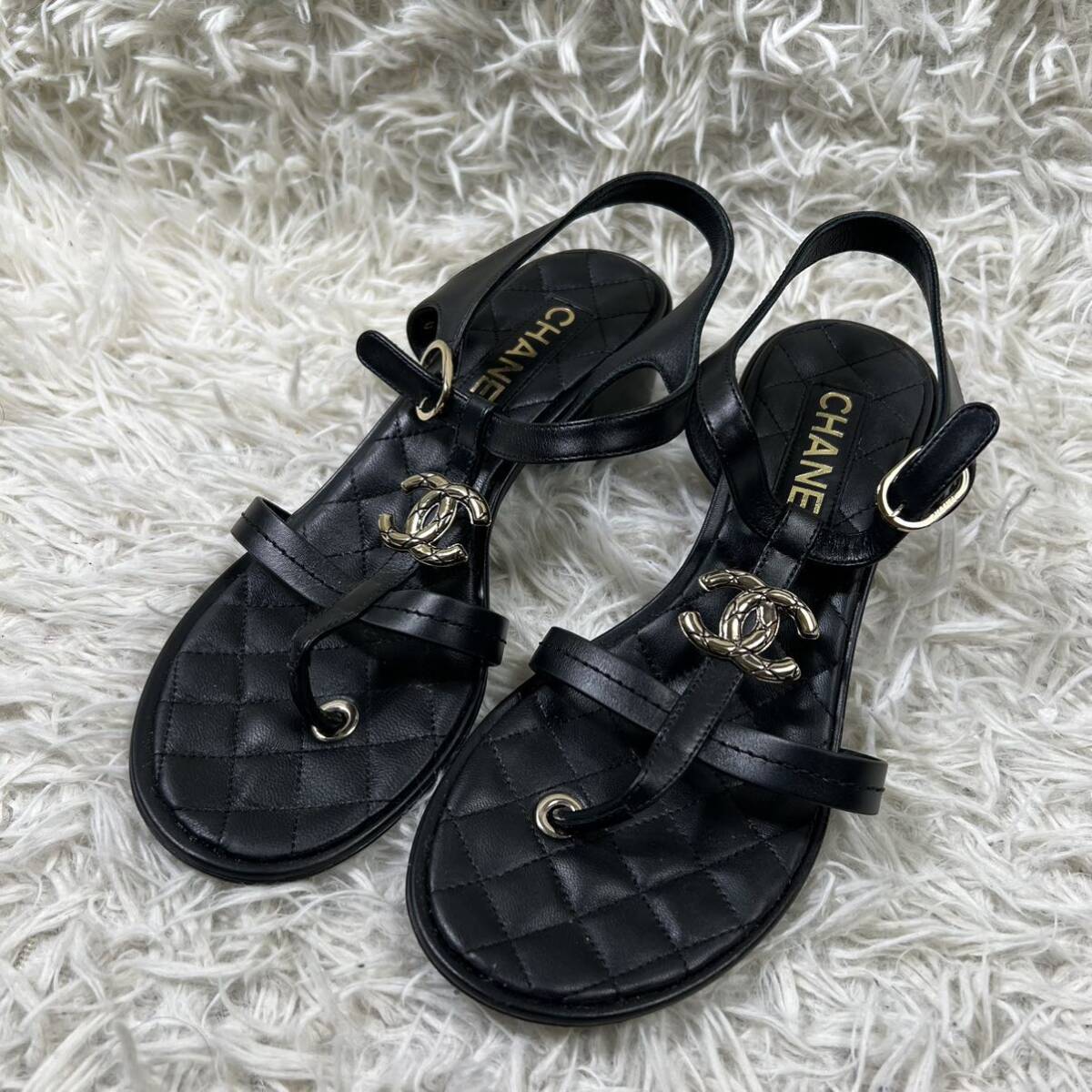  regular price 23 ten thousand jpy 1 jpy start!!CHANEL Chanel matelasse sandals strap sandals here Mark black 