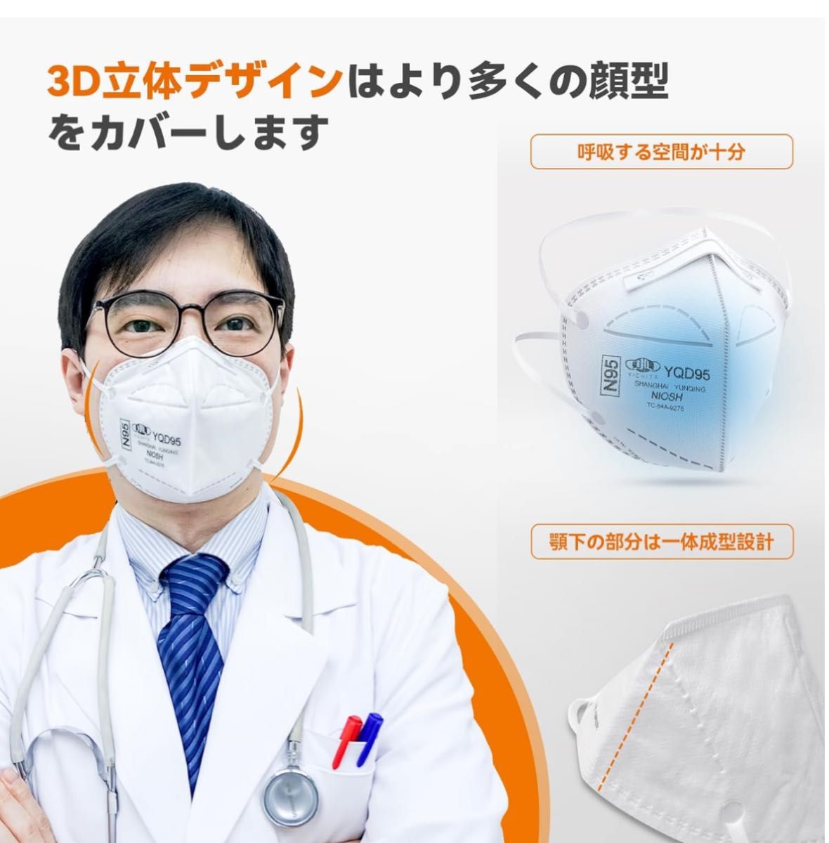 医療用N95マスク 個包装 折畳式 頭掛け式  360度3D設計