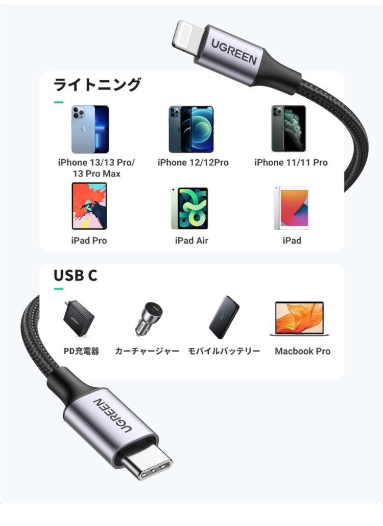 UGREEN USB-C Lightningケーブル【MFi認証取得 PD対応 2M】急速充電 PD ライトニングケーブル ナイロン編み 超高耐久 の画像10