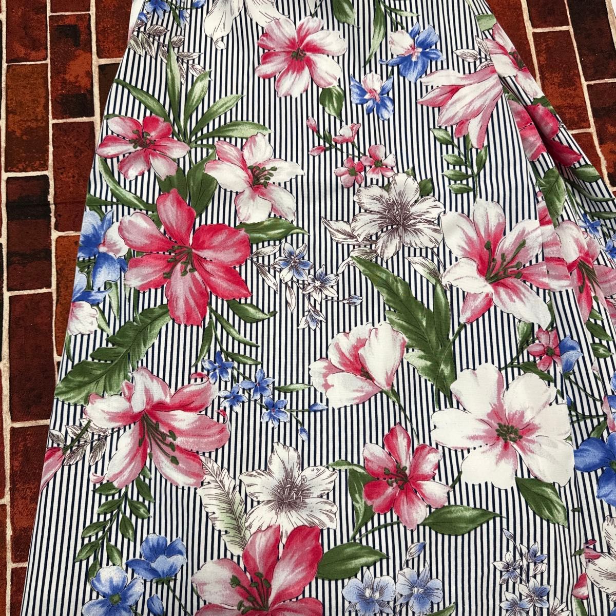 春夏フラワーボタニカルストライプ清楚可愛いフェリシモLTサイズ薄手花柄スカート