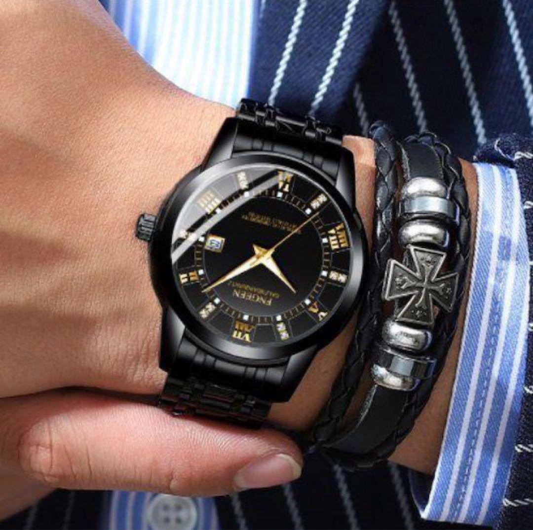 メンズ腕時計 デイト クォーツ ビジネス ブラック 電池式_画像3