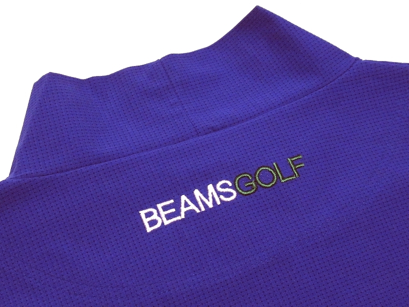 即決 極美品 BEAMS GOLF ビームスゴルフ オレンジレーベル ロゴ刺繍 メッシュ 吸汗速乾 モックネックシャツ ブルー L 日本製 メンズ_画像4