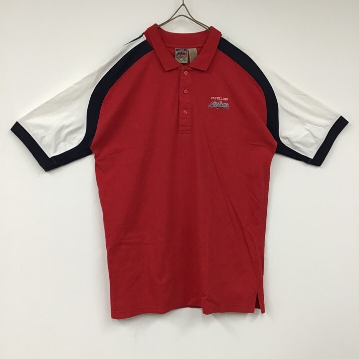 Cleveland Indians 半袖ポロシャツ チームロゴ刺繍 ネイビーとホワイト 100% コットン Authentic Productタグ US古着 XL 