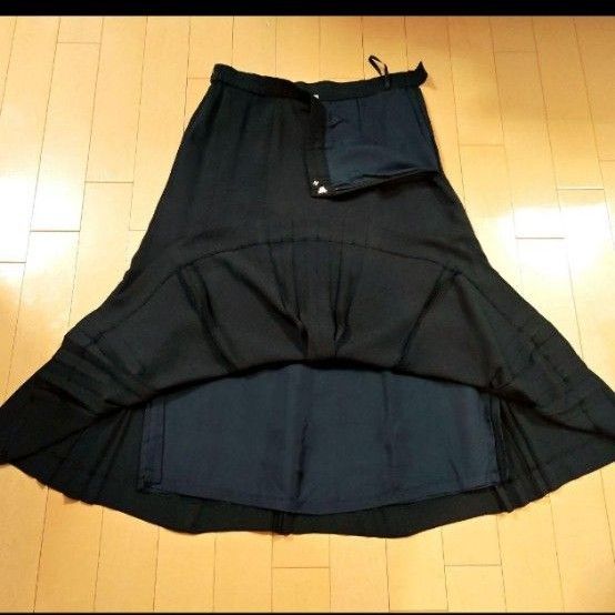 マーメイドスカート 裾 プリーツ フレア ミモレ丈 日本製 ブラック 黒 M 