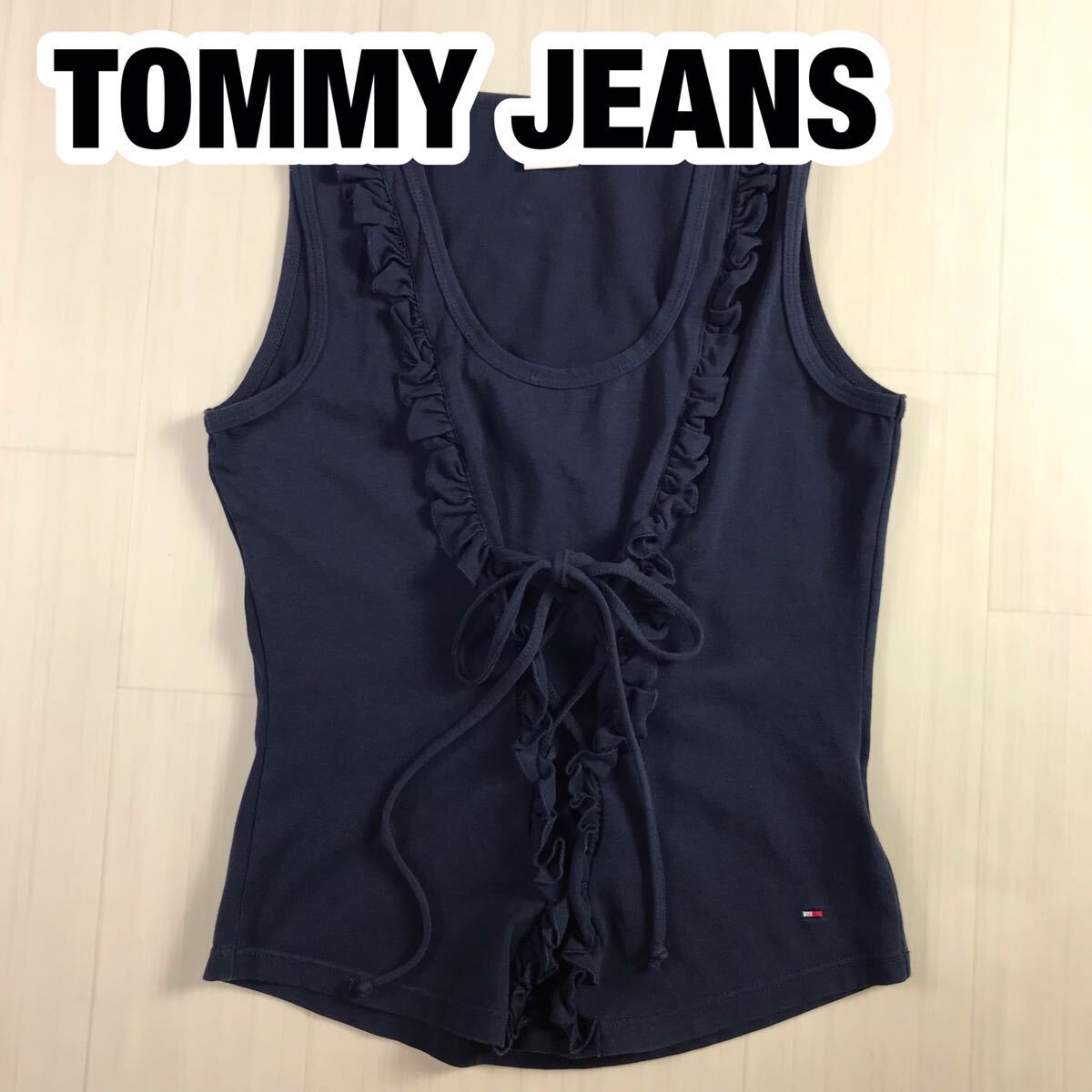 TOMMY JEANS トミージーンズ トップス S ネイビー フリルシャツ リボン 刺繍ロゴ フラッグ_画像1