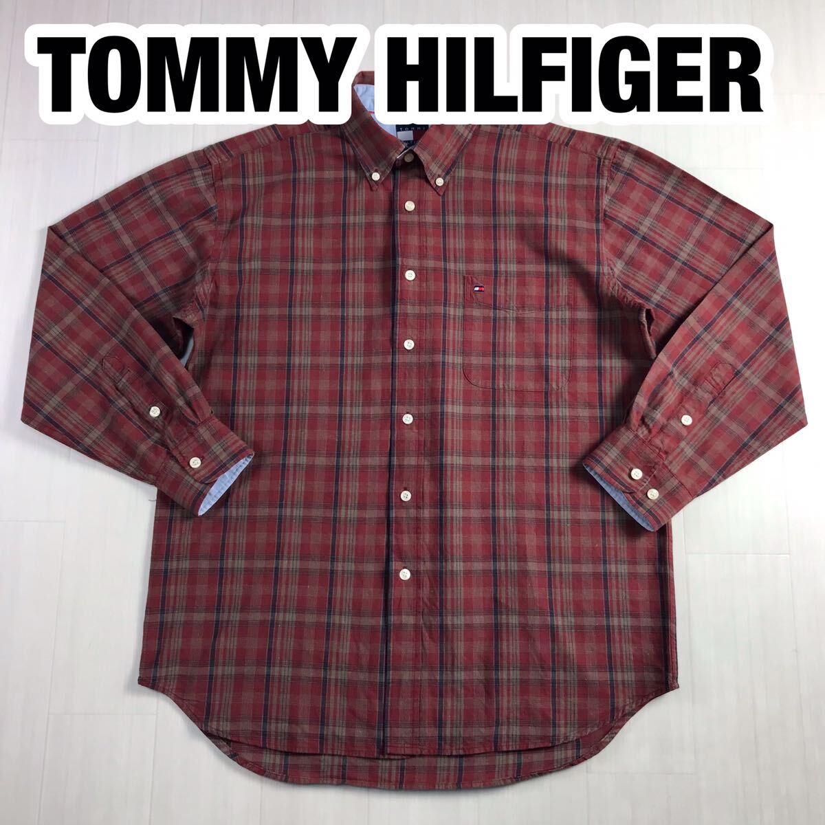 TOMMY HILFIGER トミー ヒルフィガー 長袖シャツ L チェック柄 エンジ オールドタグ フラッグロゴ 刺繍ロゴ_画像1