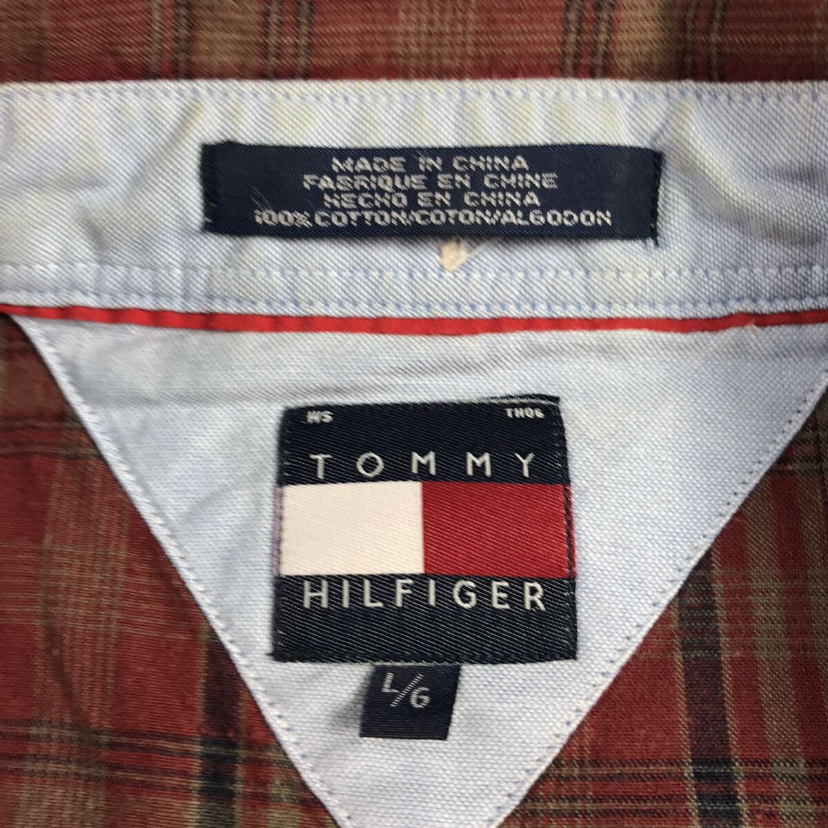 TOMMY HILFIGER トミー ヒルフィガー 長袖シャツ L チェック柄 エンジ オールドタグ フラッグロゴ 刺繍ロゴ_画像6