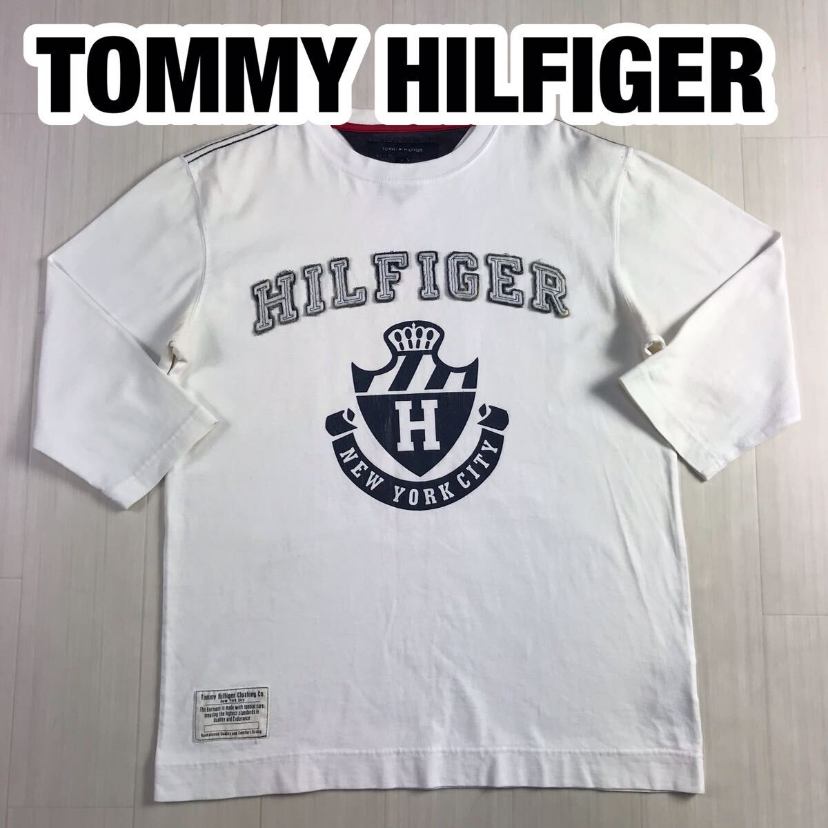 TOMMY HILFIGER トミー ヒルフィガー 七分袖Tシャツ S ホワイト ビッグロゴ ワッペン プリント フラッグロゴ 刺繍_画像1