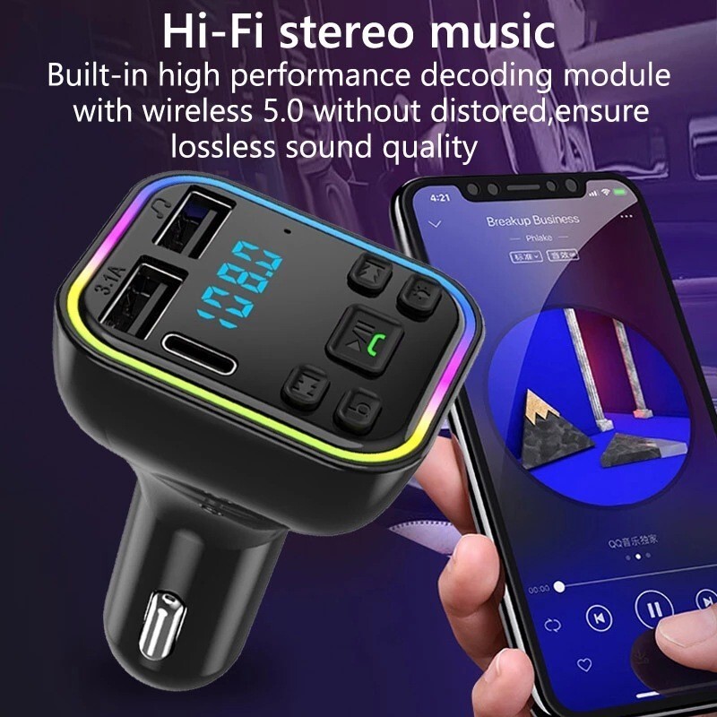 ◇新品◇ FMトランスミッター　Bluetooth5.0　スマホの音楽や動画の音声を車で楽しめる! USB２ポート、Type-C１ポート ハンズフリー通話_画像1