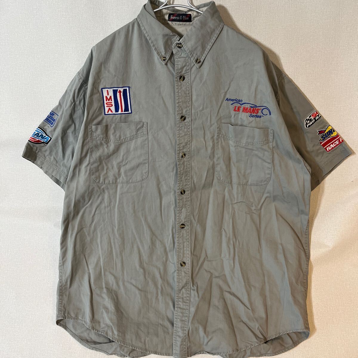 アメリカ USA 90s アメカジ 古着 ビンテージ 刺繍 半袖 ワークシャツ LEMANS MAZDA レーシング 車 official モータースポーツ ノベルティ Lの画像1