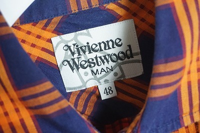 正規 Vivienne Westwood MAN ヴィヴィアンウエストウッド 7分袖 チェック シャツ リネン 刺繍 ロゴ VL-WR-70134 青オレンジ 48 本物 515O_画像4