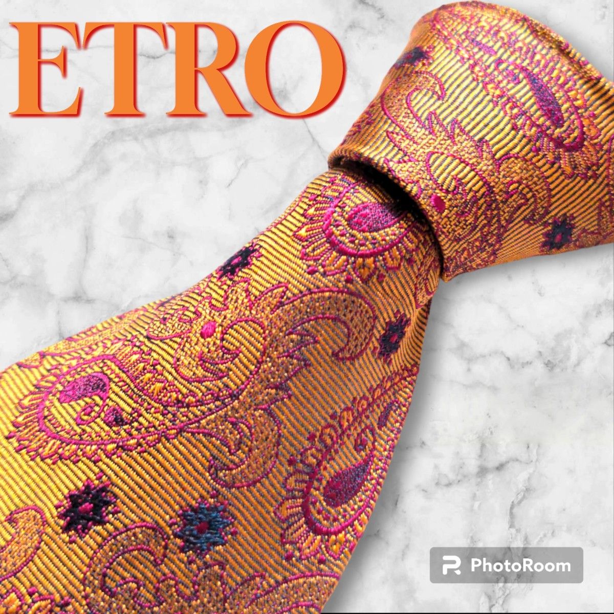 ETRO エトロ ネクタイ ハイブランド 紳士 服飾小物 総柄 ペイズリー 刺繍 光沢 オレンジ ビジネス