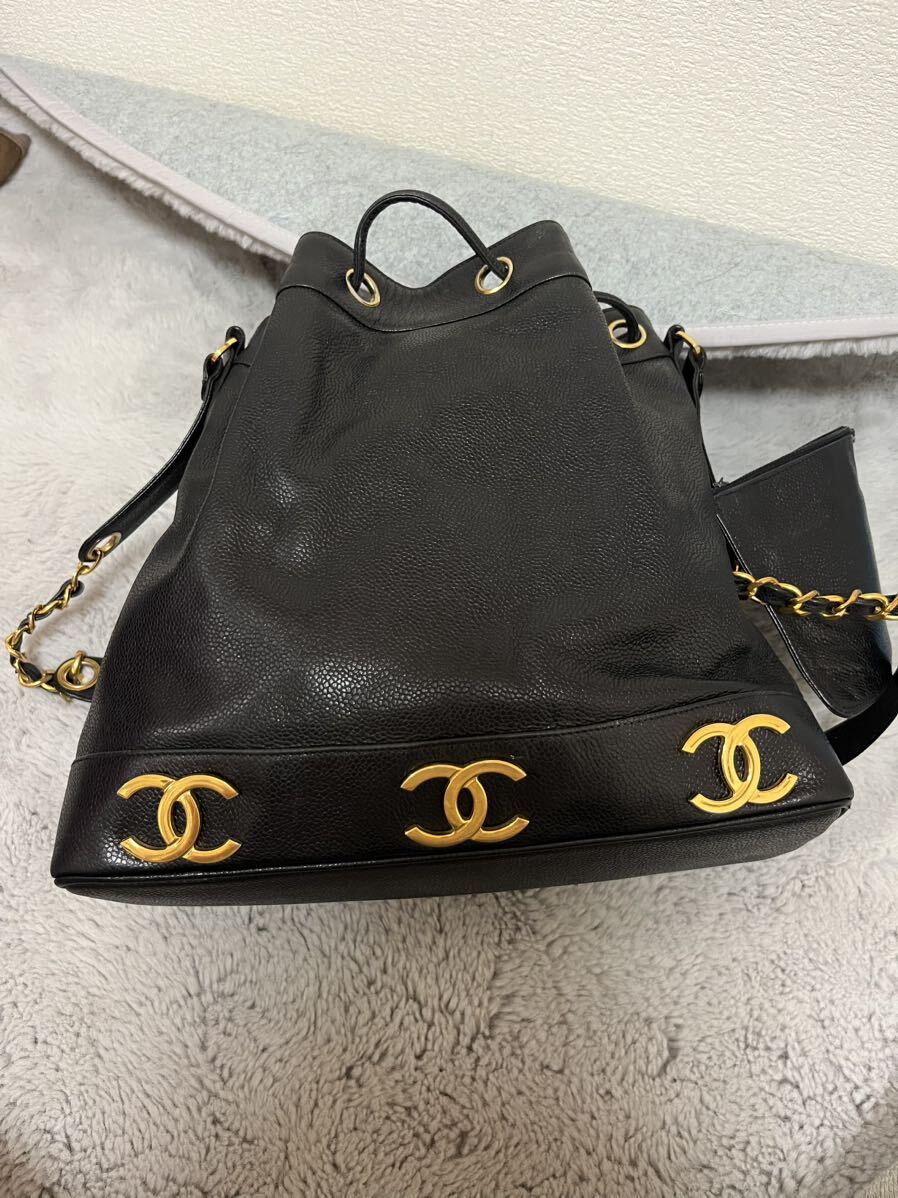 【美品】CHANEL キャビアスキン トリプルココ 巾着 ショルダーバッグ チェーン ゴールド シャネル ココマーク ブラック_画像2