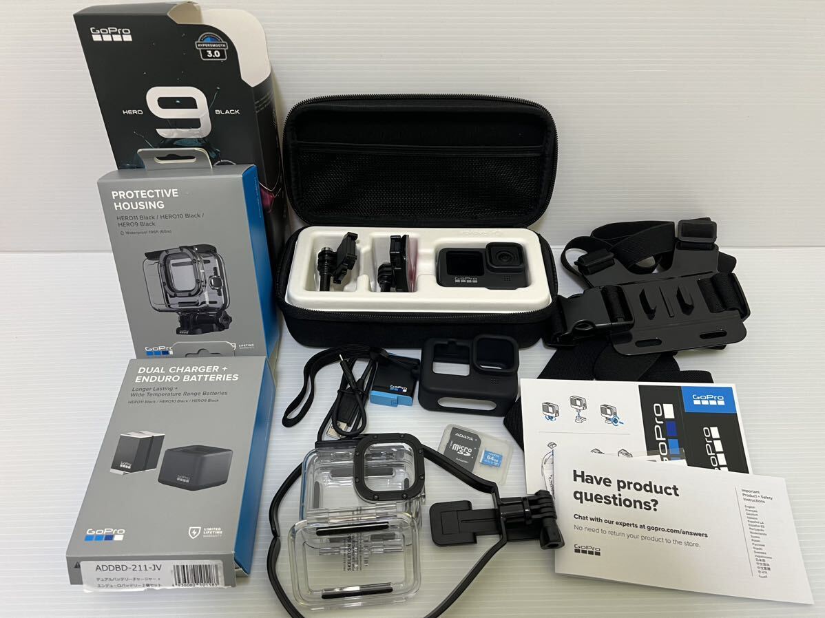 中古 GoPro HERO9BLACK ゴープロ ハウジング デュエルチャージャー+エンデューロバッテリー 2個 セット_画像1