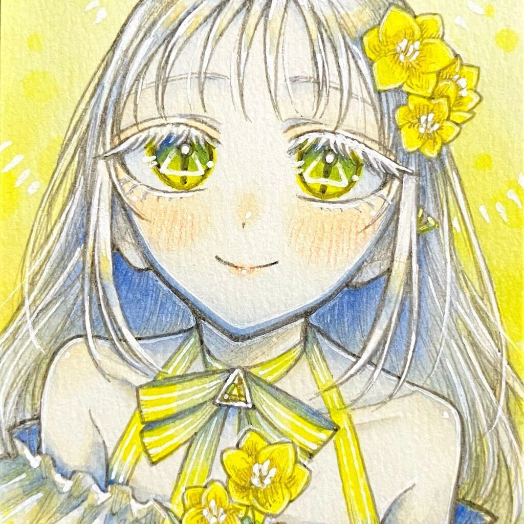 手描きイラスト オリジナル 創作 原画 ATCサイズ 黄色 女の子 水彩 花 フリージア_画像1
