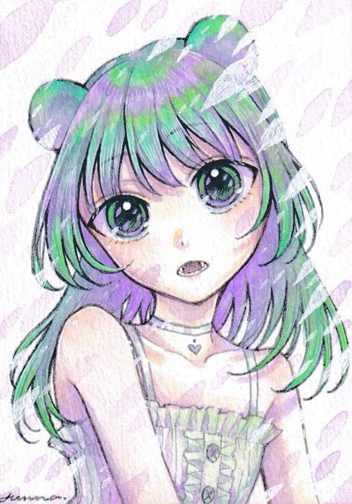 手描きイラスト オリジナル 創作 原画 ATCサイズ 緑 紫 けもみみ 女の子_画像2