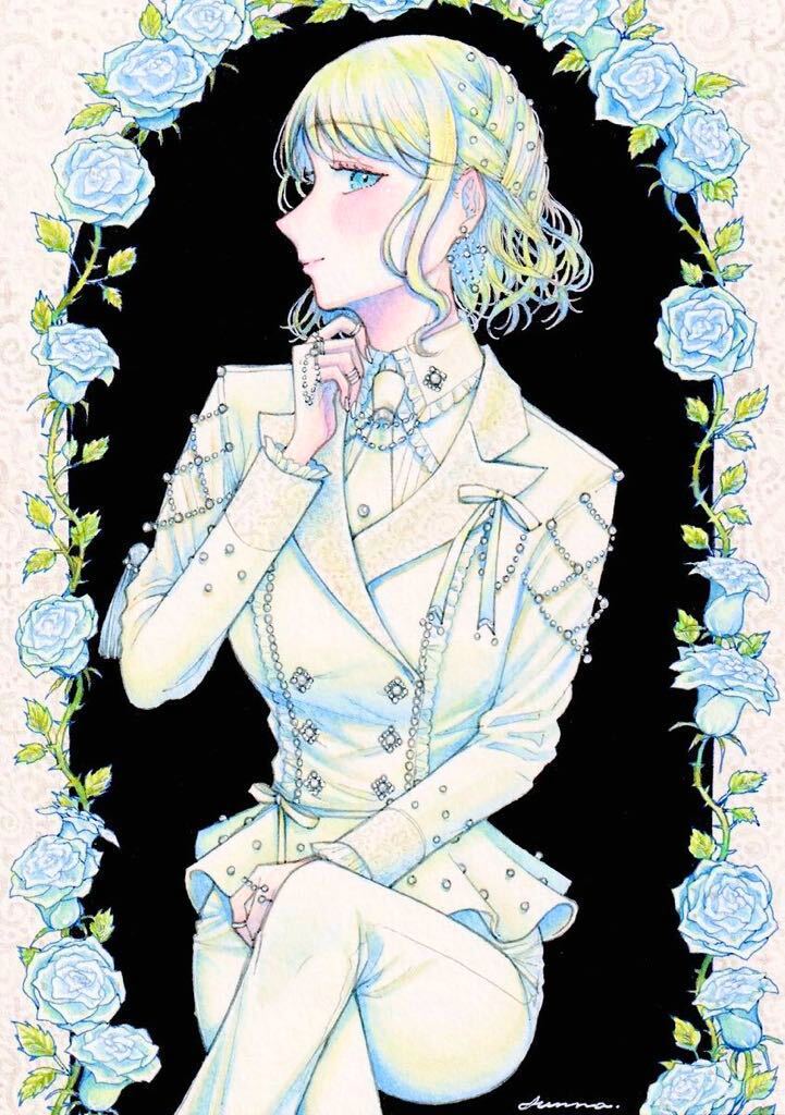 手描きイラスト オリジナル 創作 原画 青 白 女の子 スーツ 花 水彩の画像2