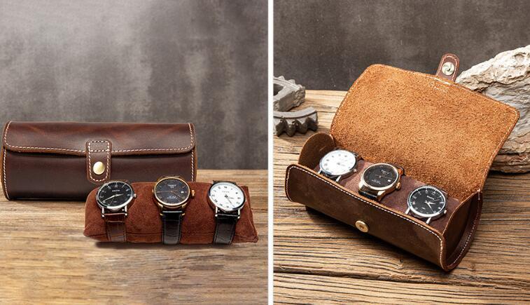 1 jpy ~ wristwatch storage case (F189) clock case 3ps.@ jpy tube shape arm clock case watch case collection case original leather present Brown 