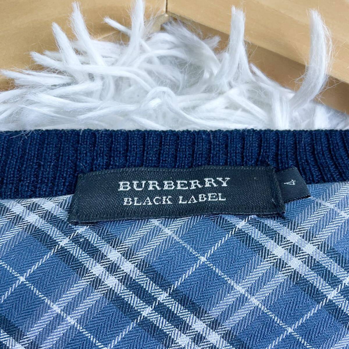 [E11]BURBERRY BLACK LABEL Burberry Black Label кардиган длинный рукав вязаный шланг Logo noba проверка темно-синий темно-синий 4 XL размер 
