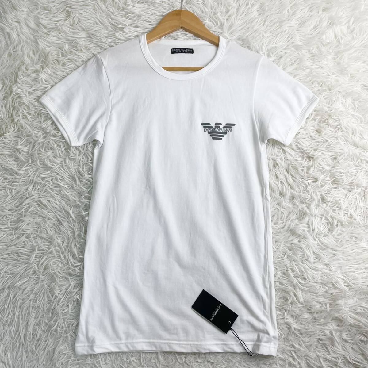 【E34】新品◎EMPORIO ARMANI エンポリオアルマーニ Tシャツ 半袖 ロゴ プリント ホワイト ブラック 48 Mサイズ 白×黒 メンズ トップス _画像1