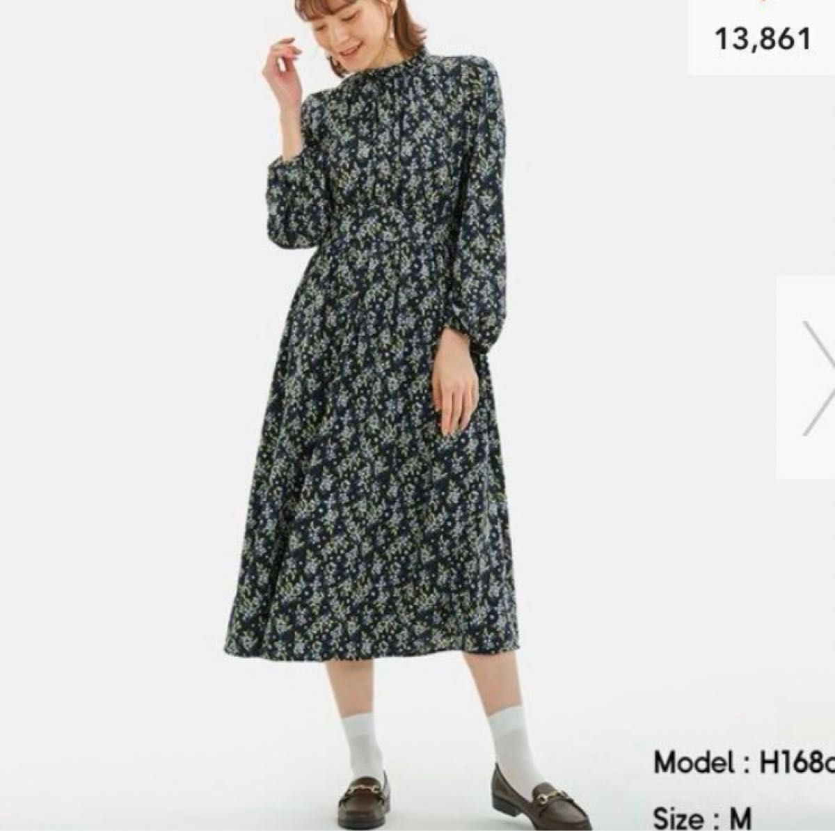 ロングワンピース M~4XL フラワープリント スタンドカラー GU フラワープリントスタンドカラーワンピース 新品 XL 花柄