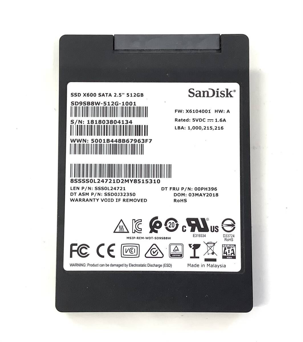 S6051430 SanDisk SATA 512GB 2.5インチ SSD 1点【中古動作品】_画像1