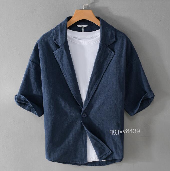 【XY43】シャツ メンズ テーラードジャケット 半袖 綿麻 ストライプ柄 サマージャケット 細身 夏 カジュアル ビジネス_画像3