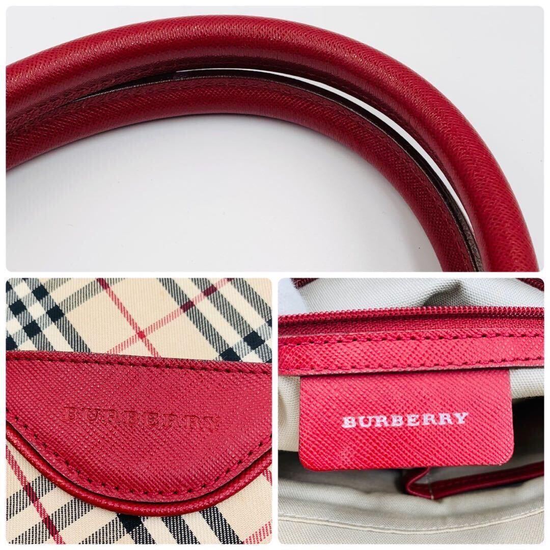 【希少☆美品】バーバリー Burberry トートバッグ 肩掛け A4 ノバチェック キャンバスレザー ビジネス 赤レッド メンズ レディース ハンド_画像9