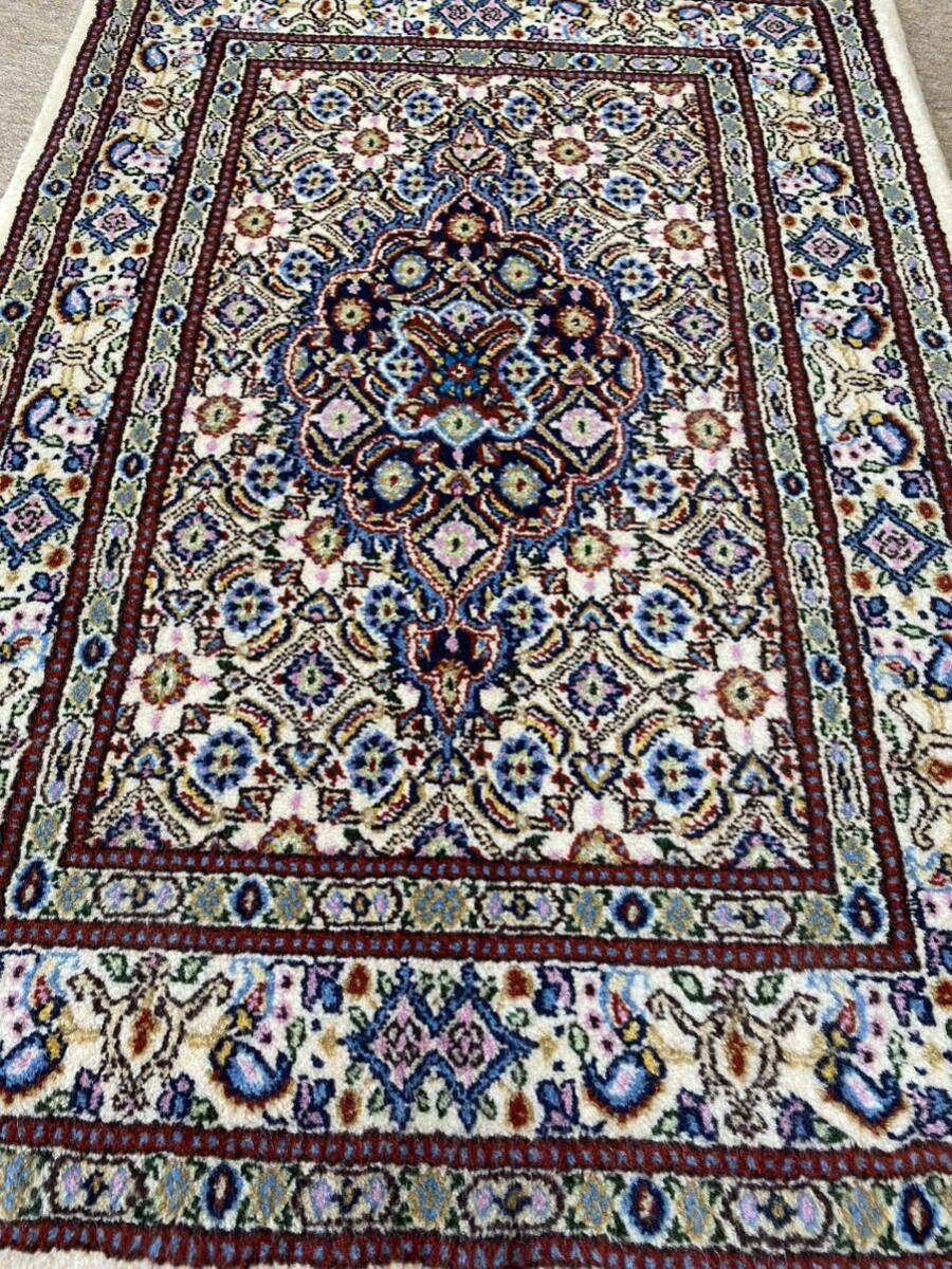 ペルシャ絨毯 カーペット ウール シルク 手織り ペルシャ絨毯の本場 イラン ビルジャンド ムード産 玄関マット 91cm×60cm 本物保証_画像2