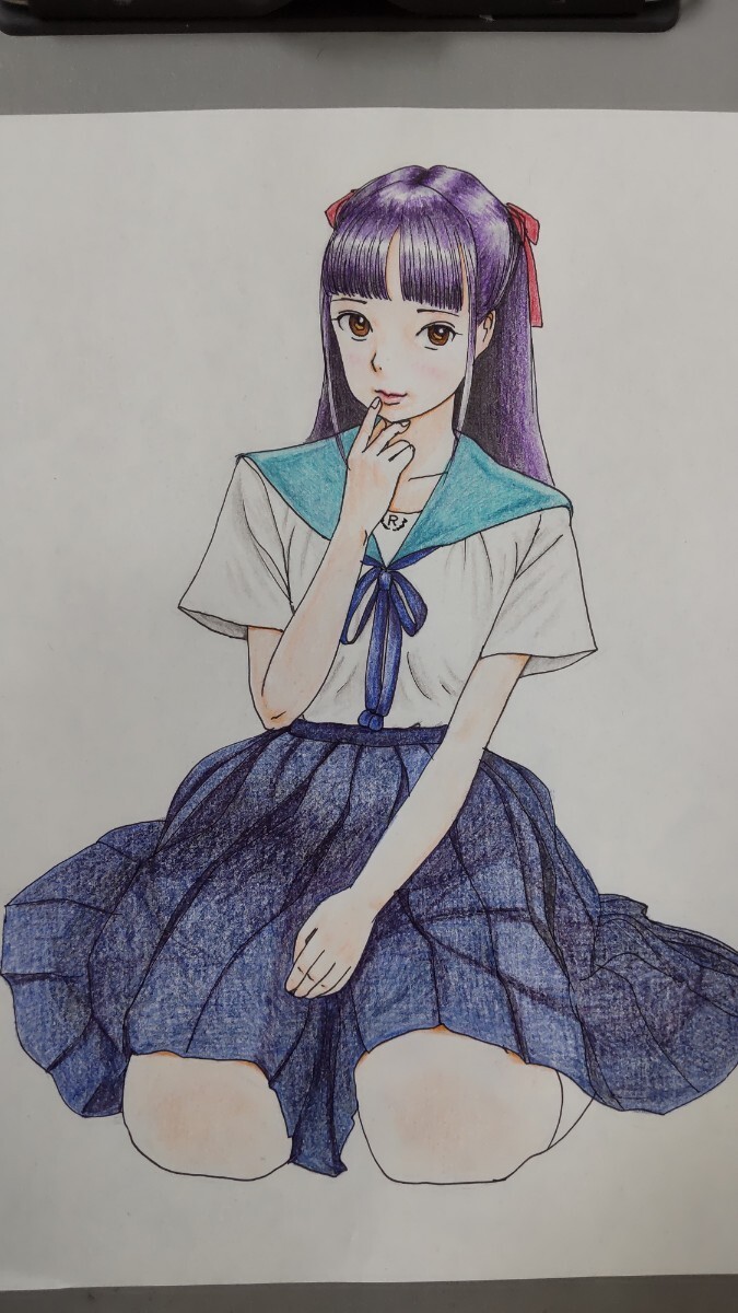 手描きイラスト オリジナル 原画B5サイズ 色鉛筆画 セーラー服 ぺたんこ座り_画像3