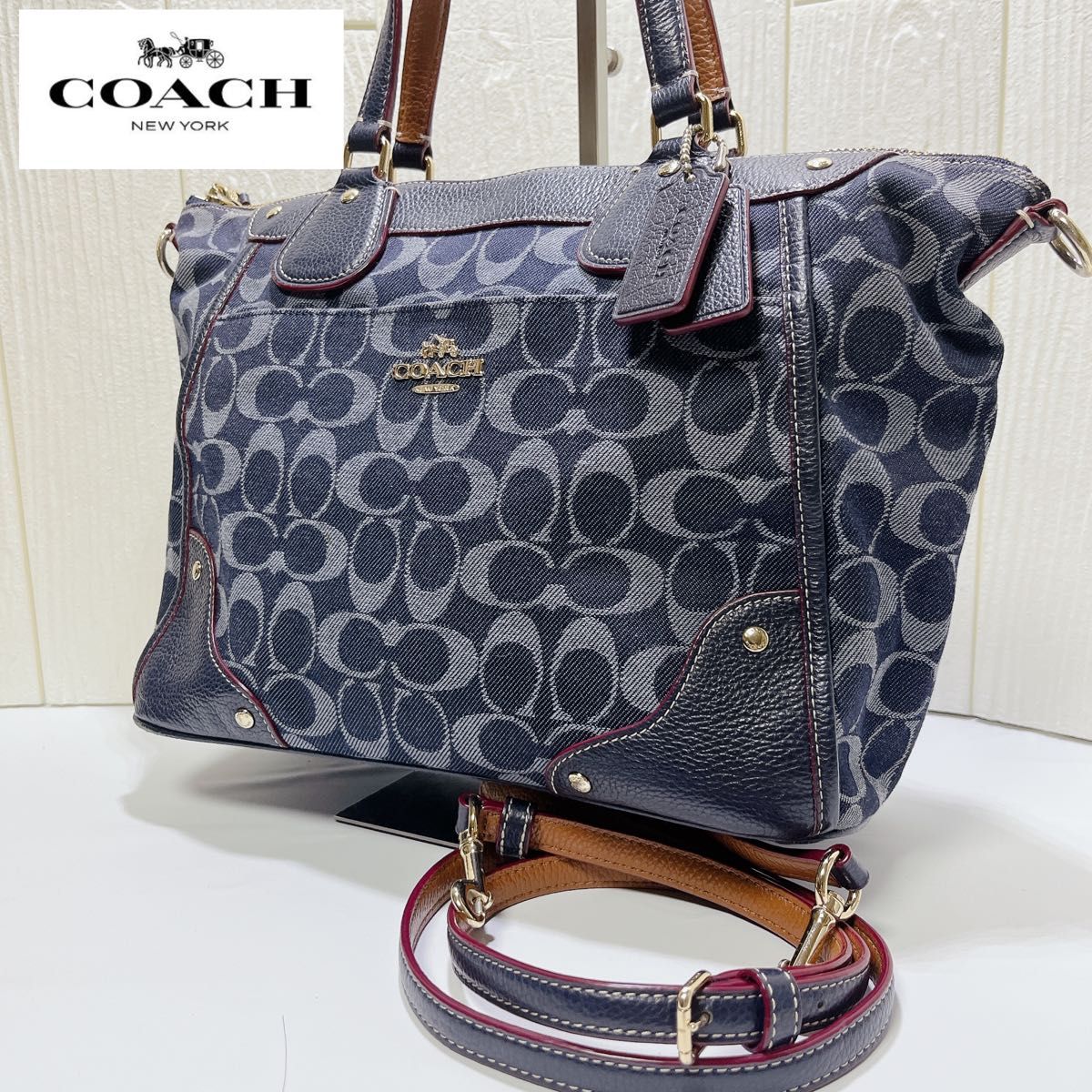 ★美品★ COACHコーチ シグネチャーデニム 2wayショルダーバッグ/ネイビー