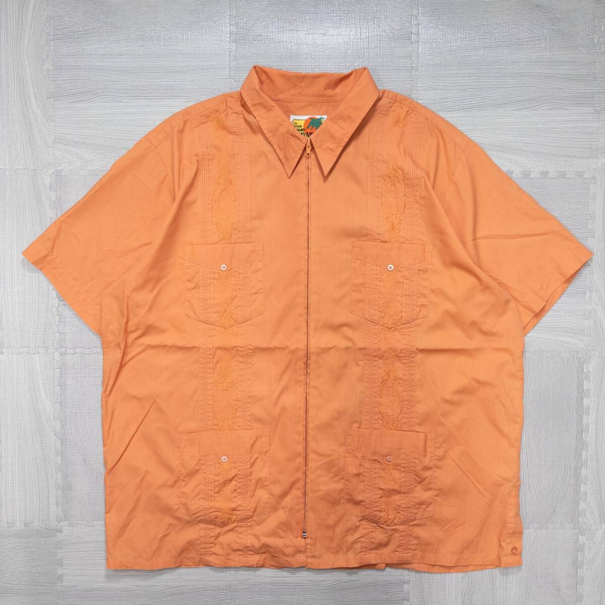 古着 GUAYABERA キューバシャツ ファスナー 刺繍デザイン 半袖シャツ トップス メンズXL オレンジ_画像1