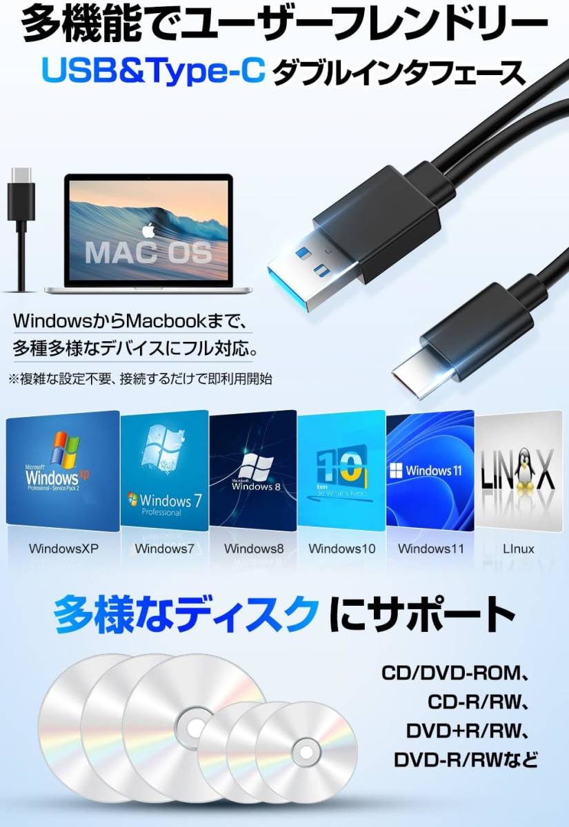 CD DVDドライブ 外付け USB3.0 CD/DVD読取・書込 USB 3.0/2.0&Type-Cデュアルポート ポータブルドライブ Window/Mac OS対応 DVD±RW CD-RWの画像4