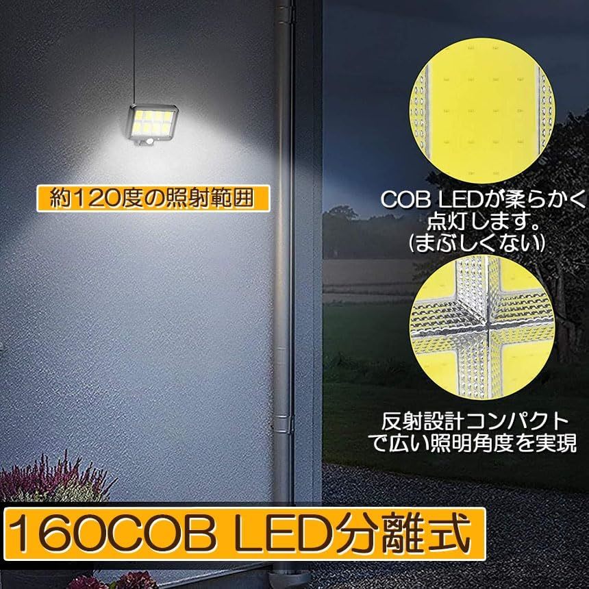 ソーラーライト センサーライト 防犯ライト 屋外 COBチップ採用 160COB 3モード 防水 屋外照明 防災ライト 庭 玄関 リモコン付き 4台セットの画像5